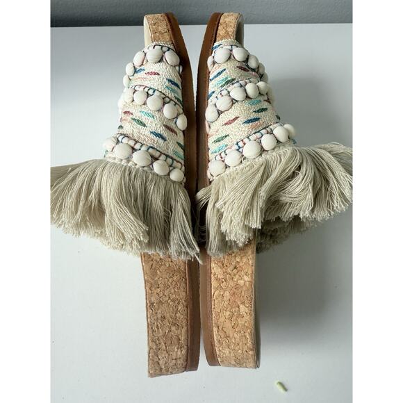 Chloé Nolan Tapestry Fringe Slides Sandals Size 36 Beige Boho Raffia Beaded Trim - Picture 12 of 14